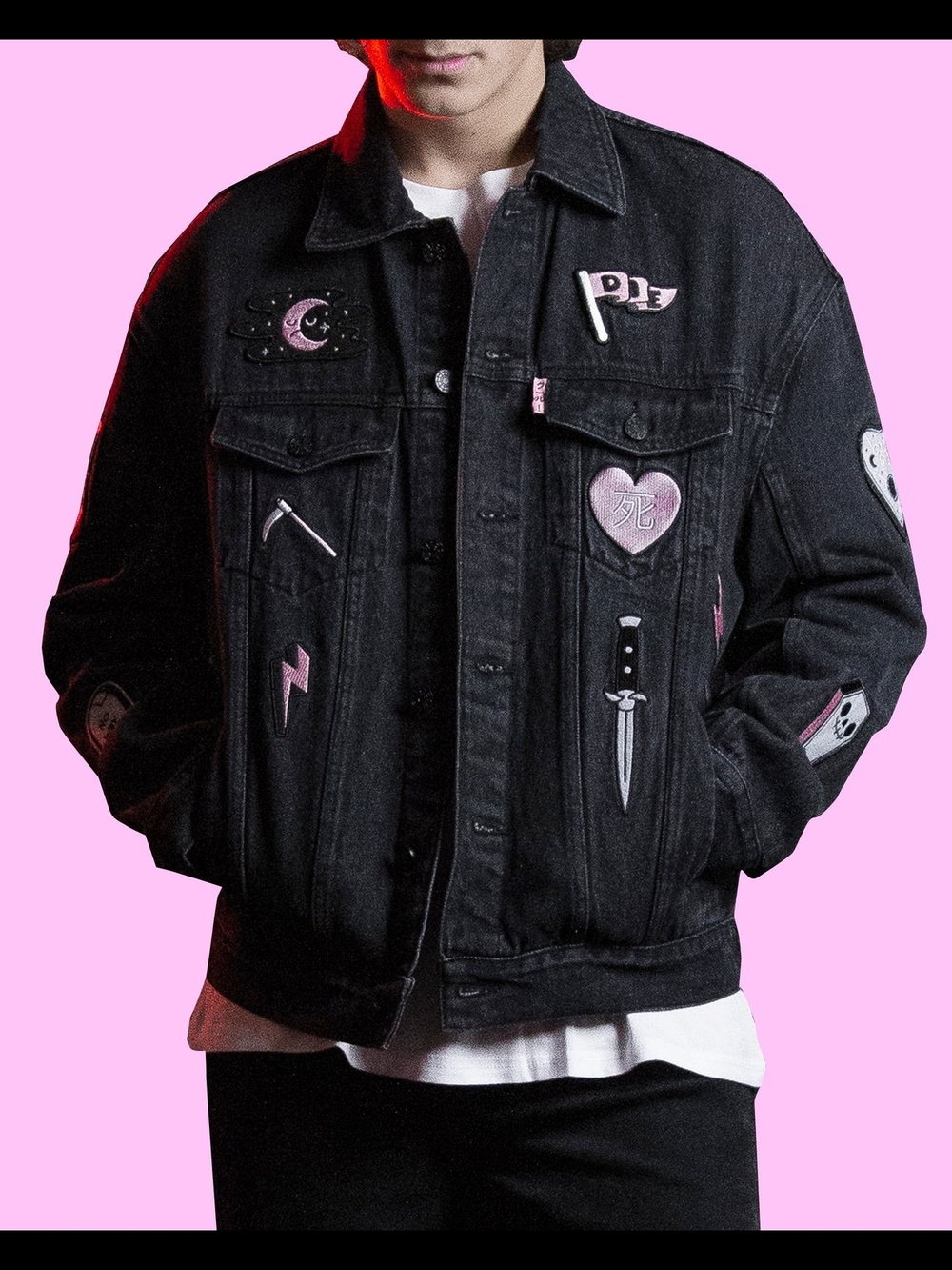 Dead Cool Black Denim Jacket with Pink Patch Details